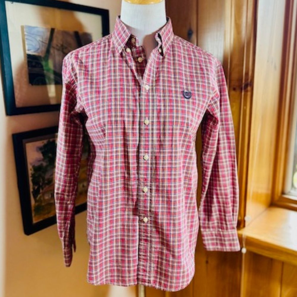 CHAPS Boy’s Navy Blue, Red and White Plaid Shirt – M